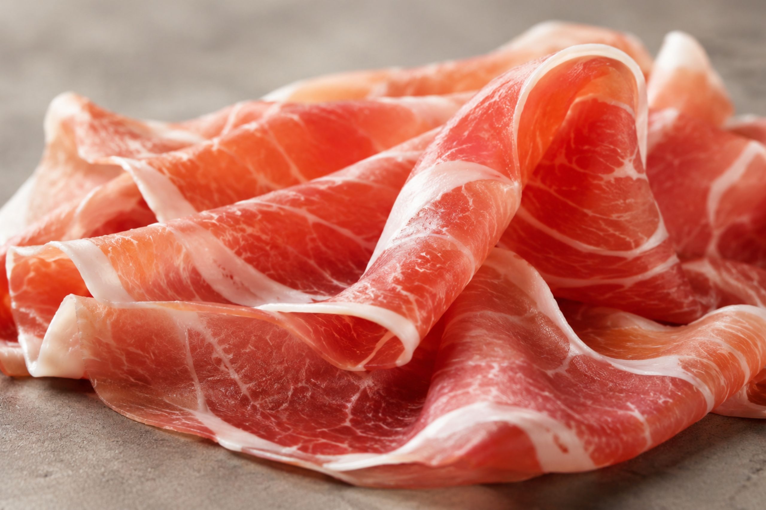 Marezzatura del prosciutto crudo Pedrazzoli, con venature di grasso che contribuiscono a morbidezza, aroma e scioglievolezza del salume.