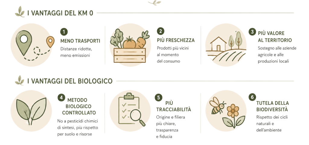Km zero e biologico: un binomio vincente Infografica sui 6 vantaggi di km zero e biologico, con focus su meno trasporti, più freschezza, valore al territorio, metodo biologico controllato, tracciabilità e tutela della biodiversità