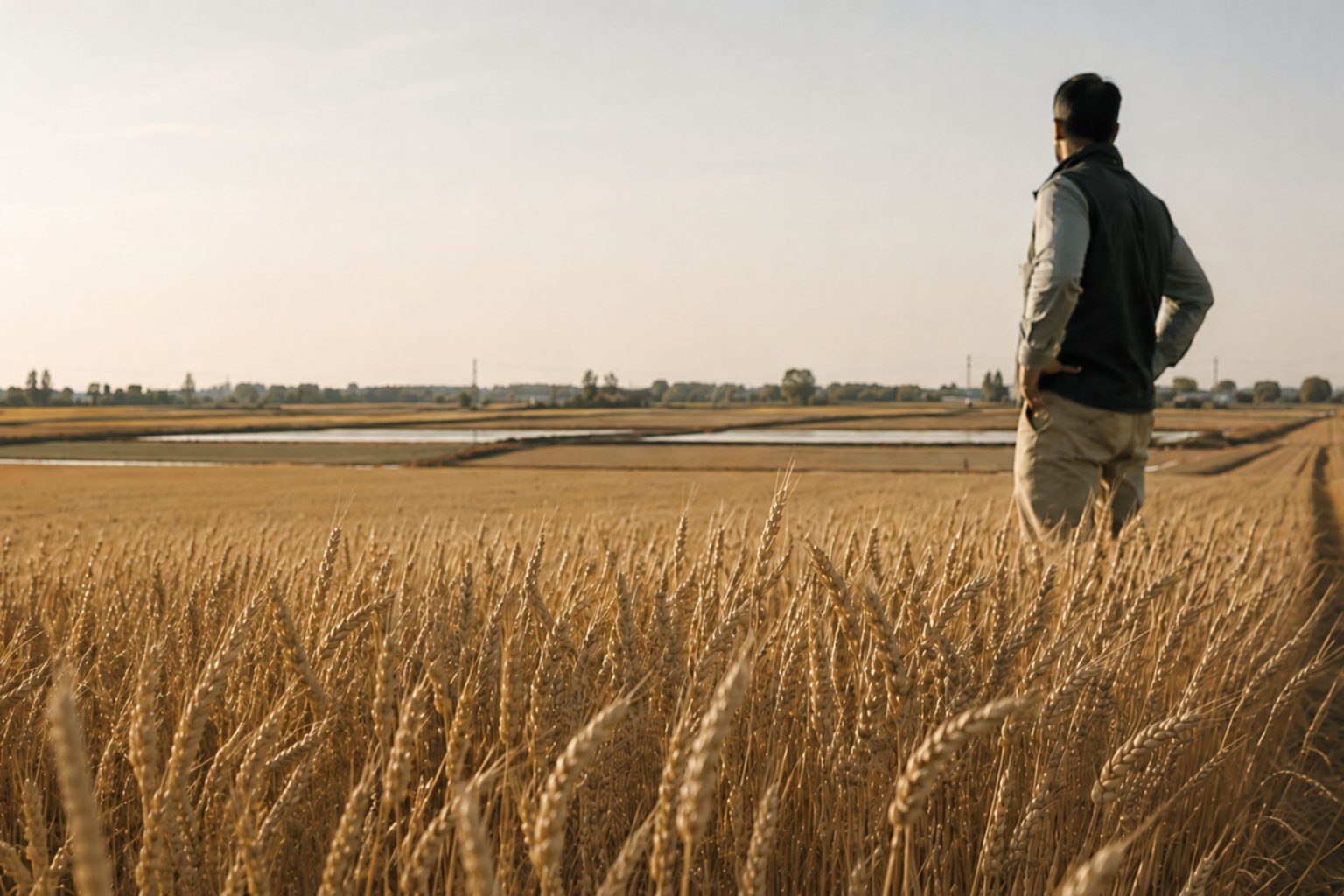 Campo di grano maturo nella Pianura Padana con figura aziendale sullo sfondo, immagine che rappresenta la filiera corta e l’agricoltura biologica